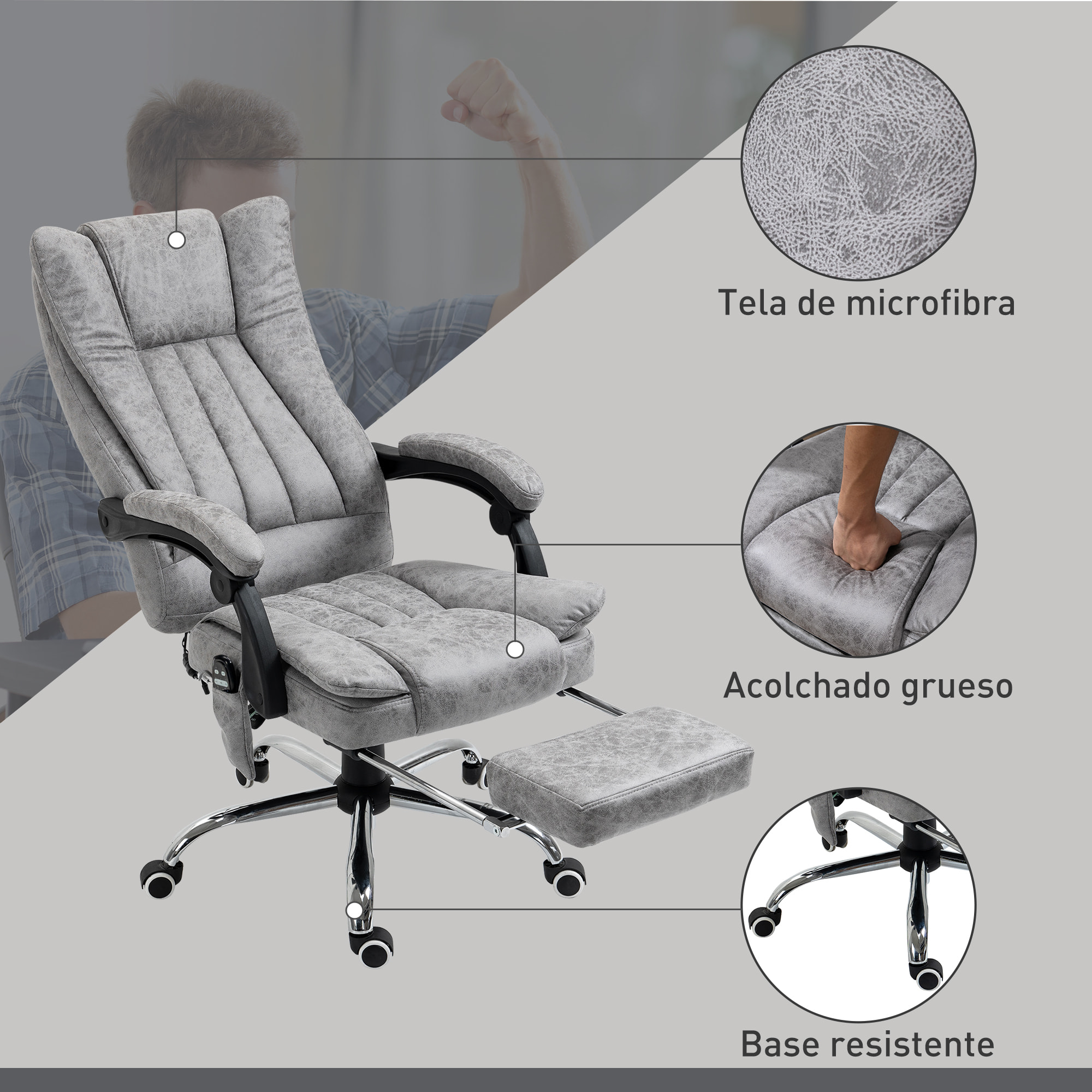 Silla de Oficina con 6 Puntos de Masaje, Silla de Escritorio Giratoria con Respaldo Reclinable 135º, Función de Calefacción, Reposapiés Retráctil, Altura Ajustable y Control Remoto, Gris