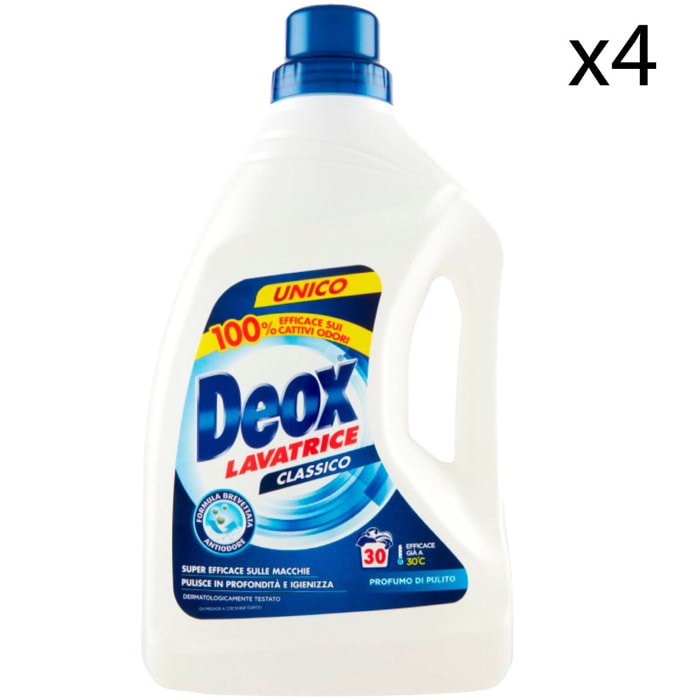 4x Deox Lavatrice Classico Detersivo Smacchiante con Formula Antiodore - 4 Flaconi da 1,5 Litri 30 Lavaggi