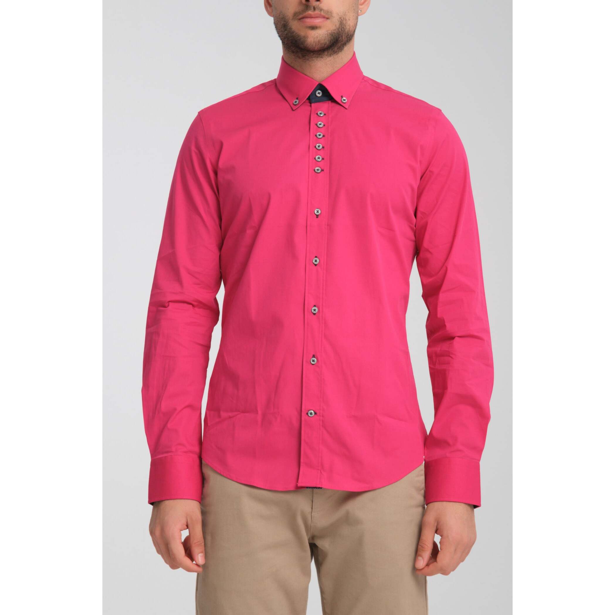 Camicia Uomo 1 Bottoni Button Down Slim Popeline Stretch Unito Fucsia