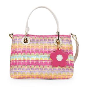 Bolso de rafia rosa con doble asa y colgante de flor