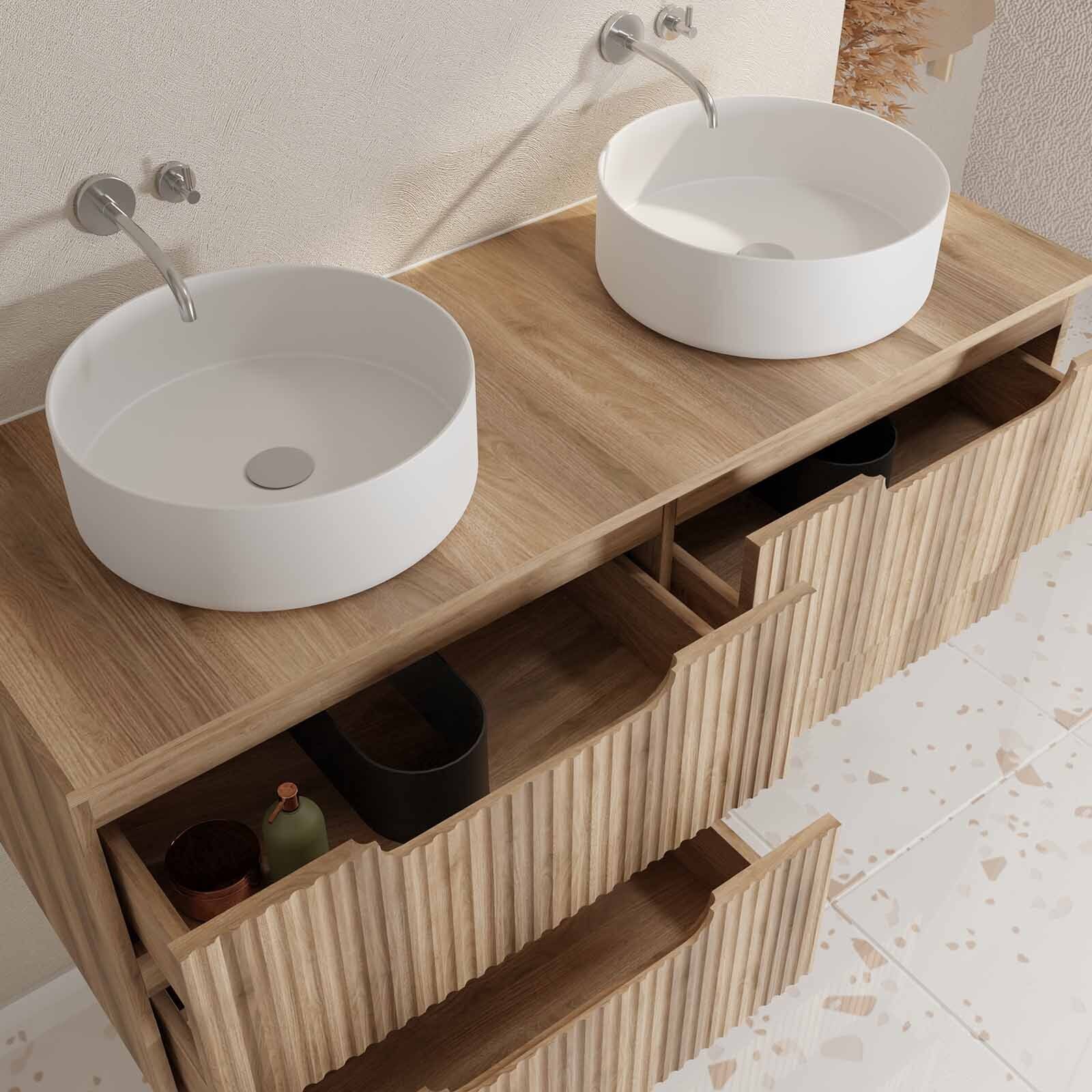 Meuble de Salle de Bains LEON 120cm Décor Bois - 4 Tiroirs en MDF Ondules - Vasques Rondes 36cm