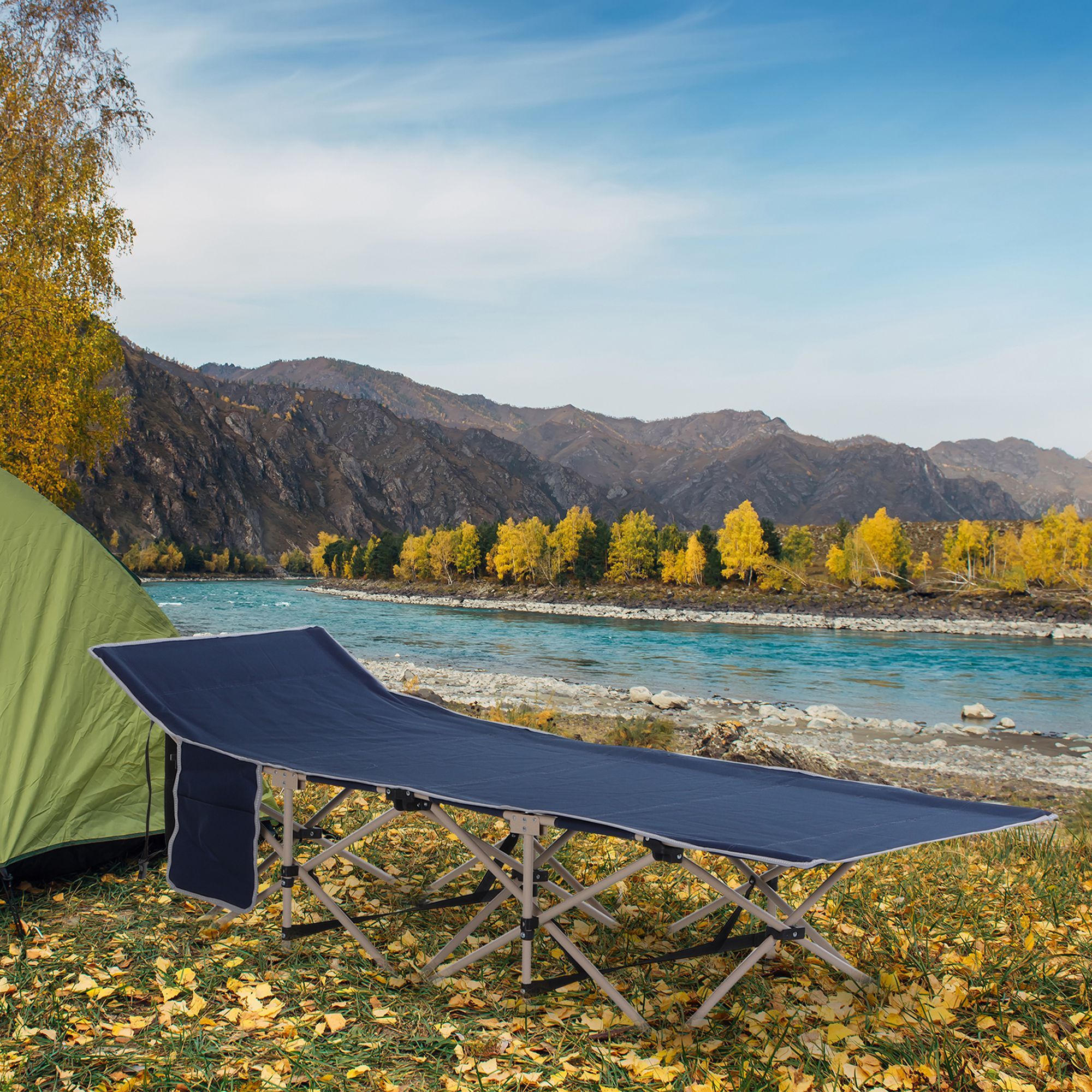 Lit de camp camping pliable 190 x 68 x 52 cm max. 150 Kg sac transport inclus acier oxford bleu