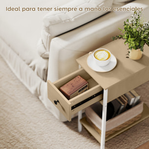 Mesa Auxiliar Estrecha Mesita Auxiliar Industrial con Cajón Estante Abierto y Estructura Metálica para Salón Dormitorio 25x39,8x58,2 cm Natural
