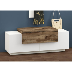 Mobile da ingresso a 3 ante, Made in Italy, Credenza da soggiorno, Porta TV, cm 120x45h46, colore Bianco lucido e Acero