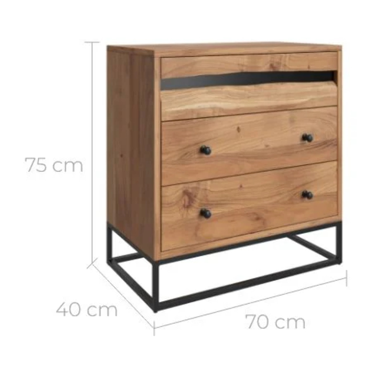 Commode en bois d'acacia et métal, 3 tiroirs - Alabama