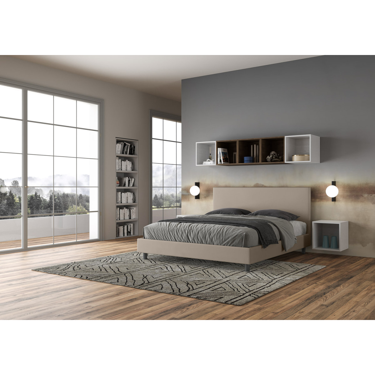 Cama con somier acolchada 160x190 cuero sintético gris paloma Naspy