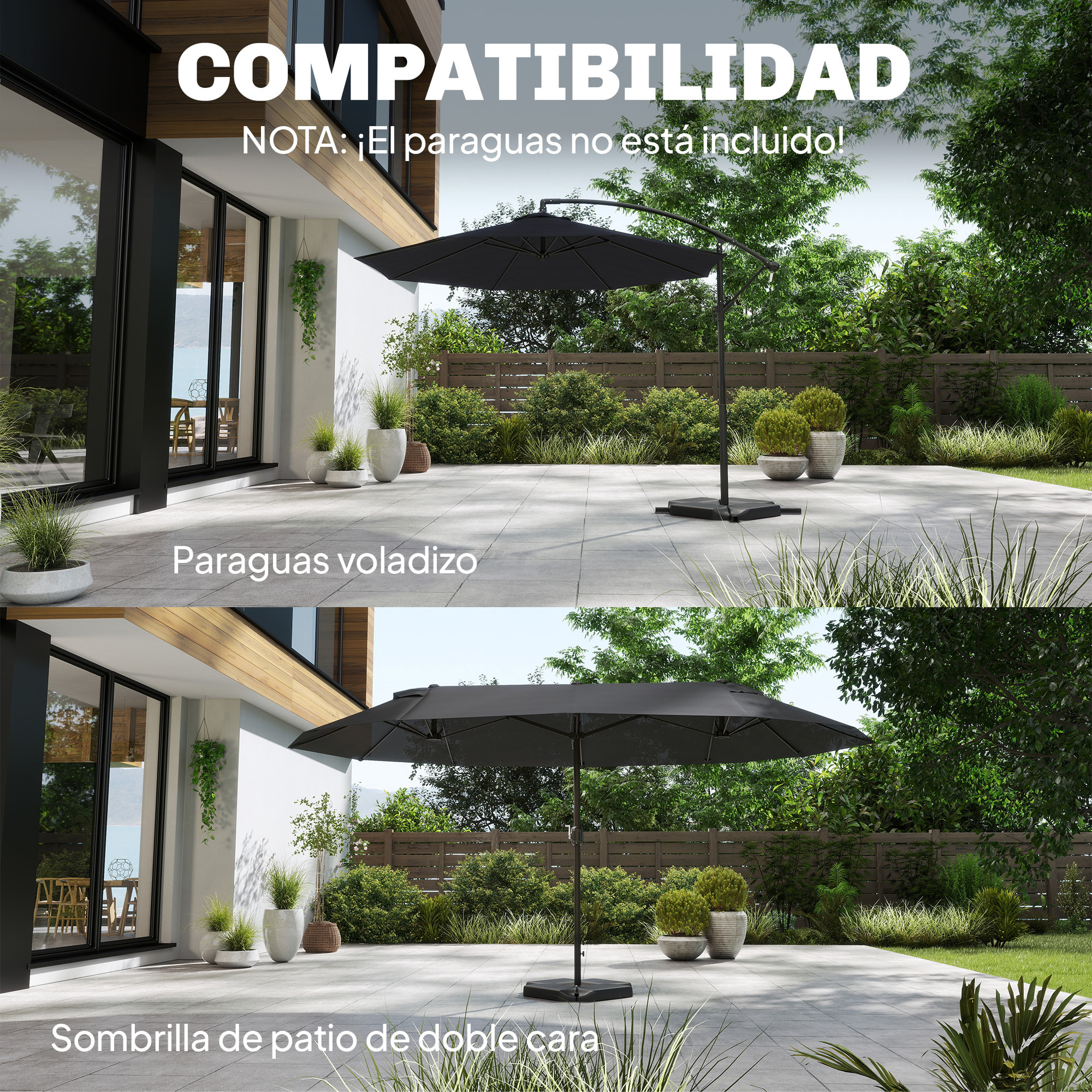 Base para Sombrilla de 4 Piezas, para Cantilever y de Doble Cara, Soporte para Parasol de HDPE Rellenable con Agua 77 kg o Arena 100 kg, para Jardín, Patio, Terraza, Negro