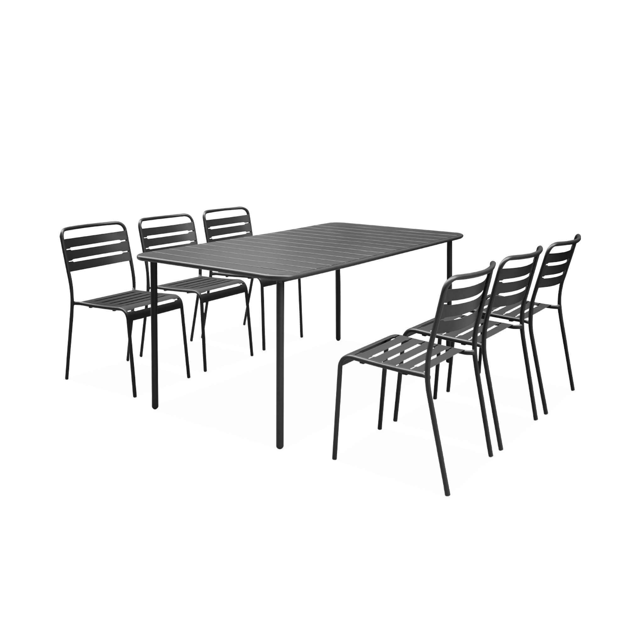 Table de jardin métal + 6 assises traitement antirouille. lattes et bords arrondis