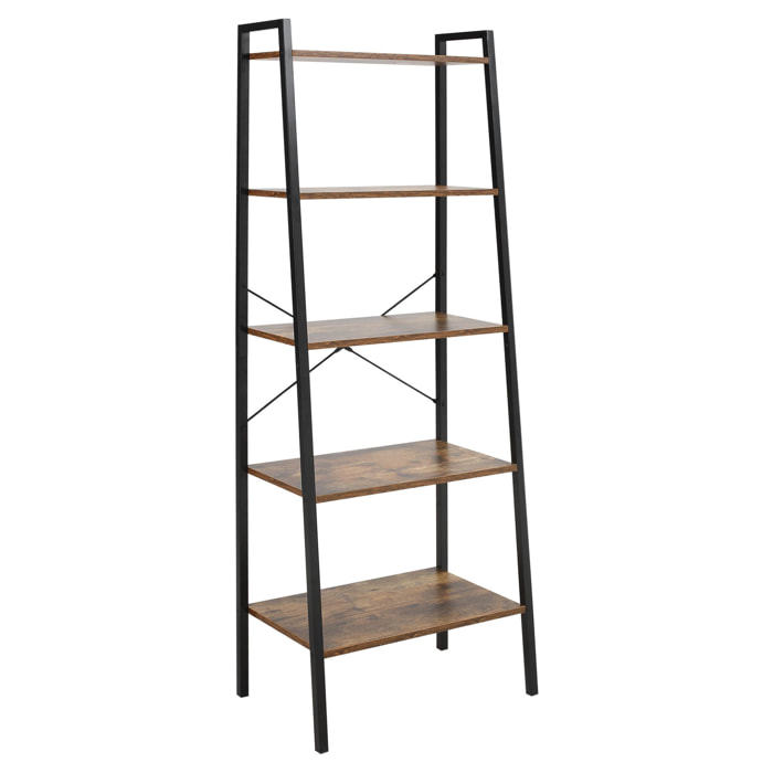 HOMCOM Estantería de Estilo Industrial en Forma de Escalera con 5 Baldas con Marco de Metal para Sala de Estar Dormitorio Cocina Oficina 56x34x160 cm Marrón Rústico