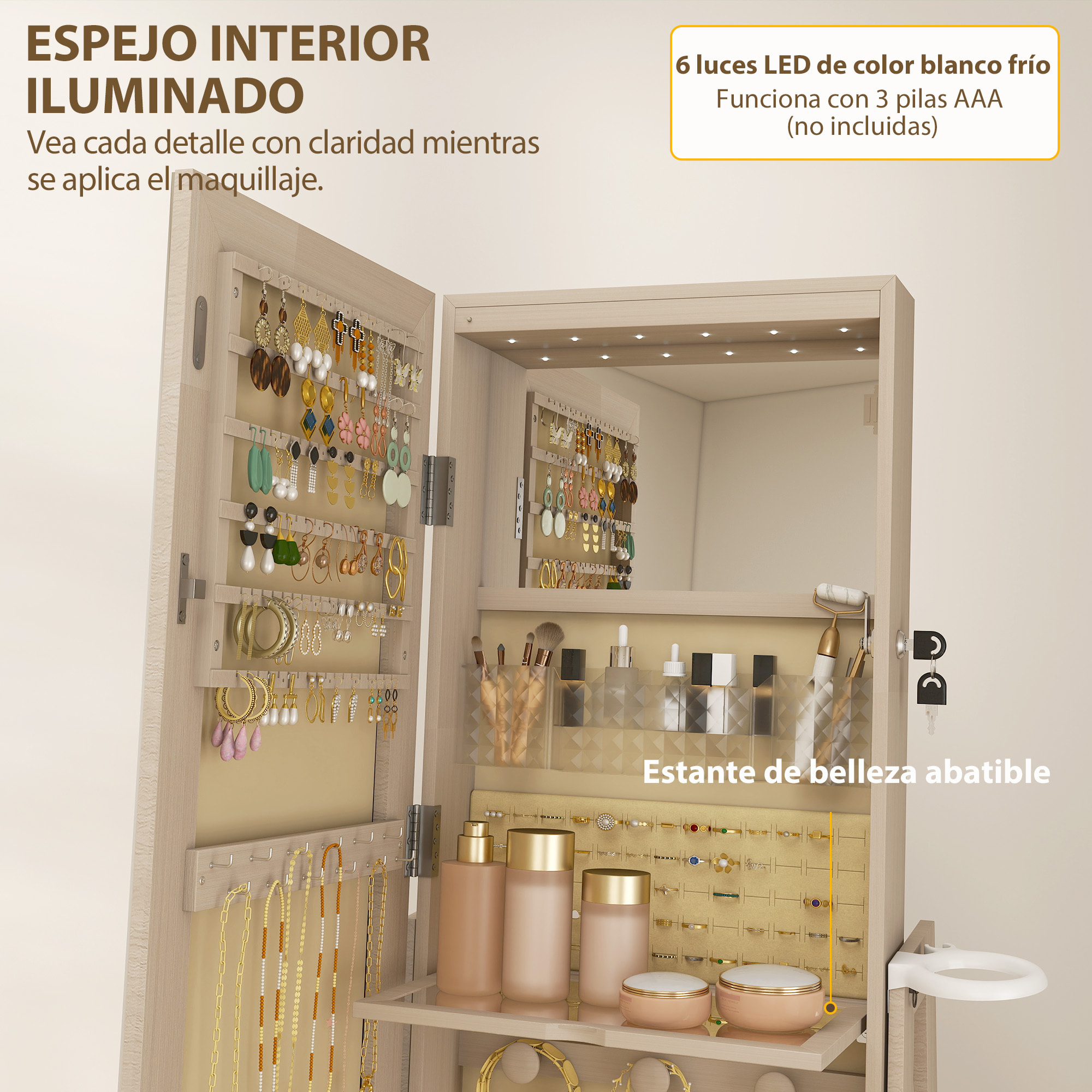 Espejo Joyero con Luces LED, Armario para Joyas, Armario Joyero con Espejo Entero, Giratorio de 360°, Cajón, Cerradura, Estantes Abiertos, Soporte para Secador, Natural