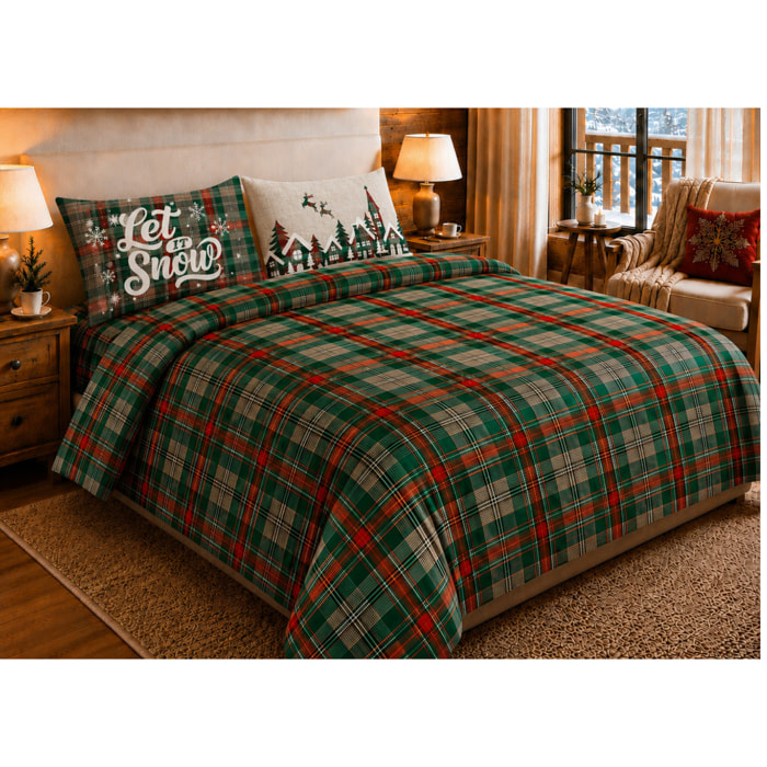 Parure Copripiumino in 100% Cotone Made In Italy Fantasia Tartan Verde Disegno Snow