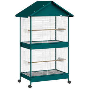 Cage à oiseaux mobile - volière grande taille - séparateur amovible - métal - 94x70x158 cm - vert