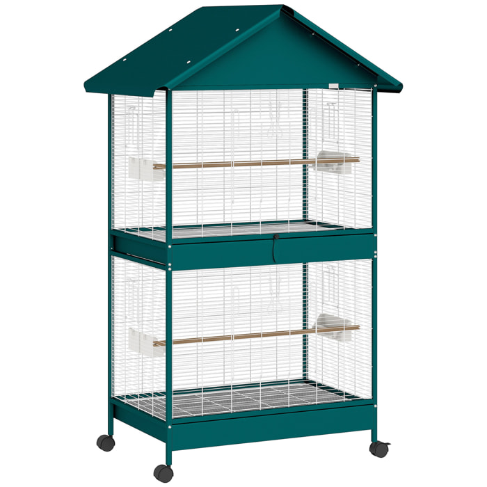 Cage à oiseaux mobile - volière grande taille - séparateur amovible - métal - 94x70x158 cm - vert