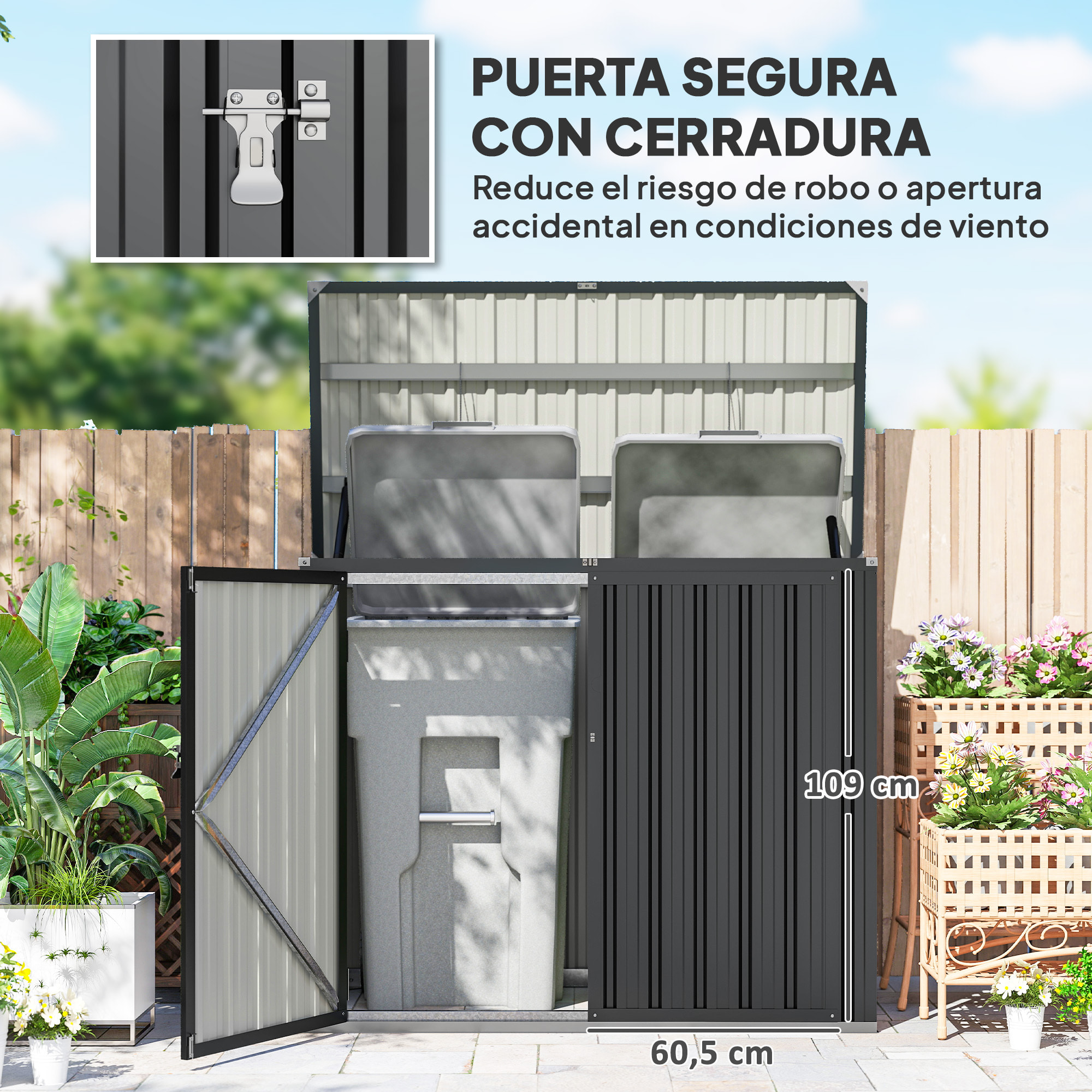 Cobertizo para Contenedor de Basura Doble, Caseta para Cubo de Basura de 240L de Acero Galvanizado con Tapa Abatible y Puertas con Cerradura, para Jardín, Exterior, 150x80x117 cm, Gris Oscuro
