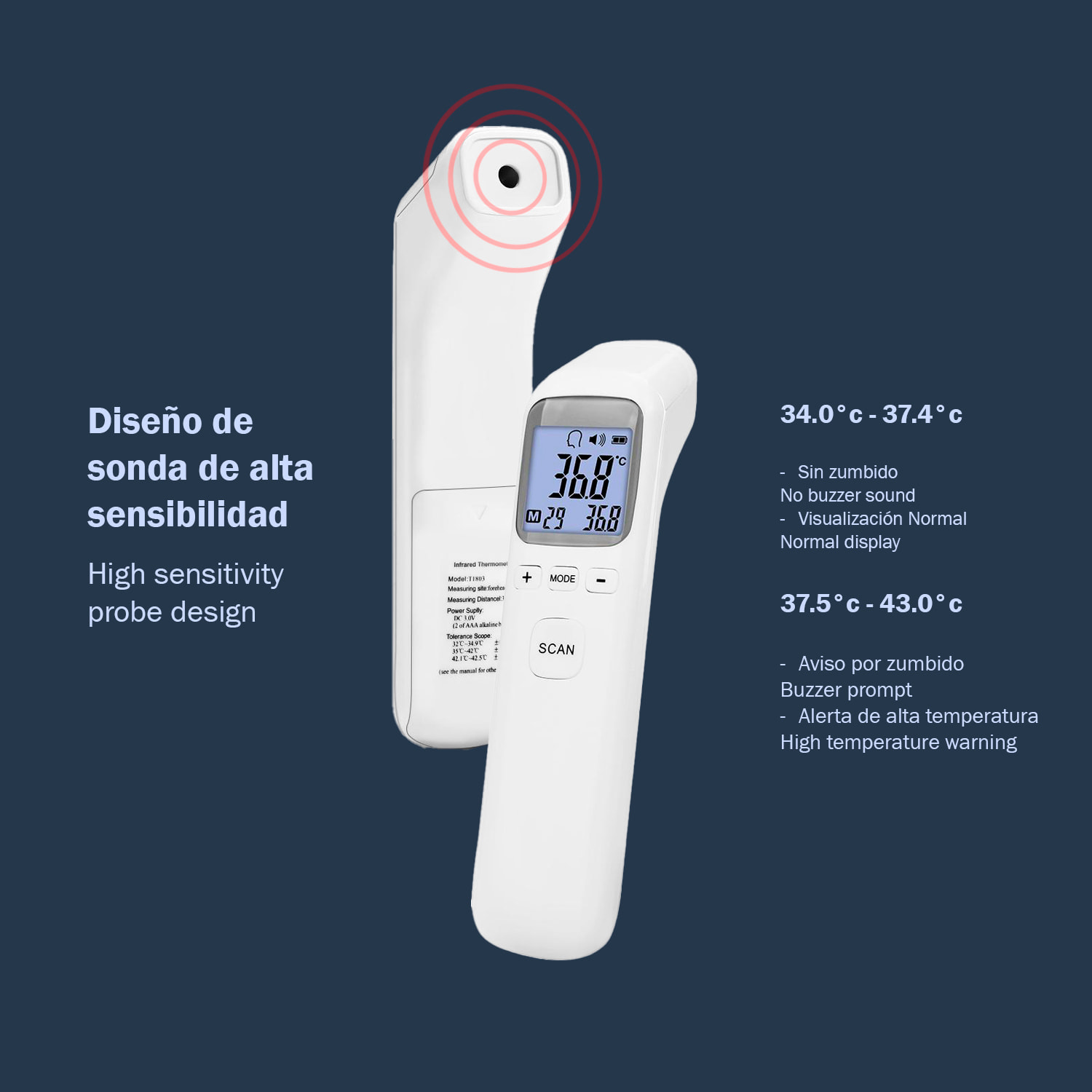 Termómetro frontal infrarrojo CK-T1803 con medición rápida en 0,5 segundos y alta precisión. Modos de temperatura corporal y de superficies con pantalla LCD, memoria de registros y apagado automático.