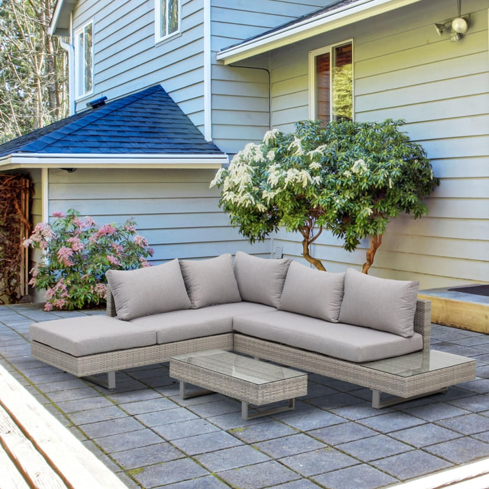 Conjunto de Muebles Ratán de 3 Piezas Mesa de Centro Sofá Doble y Sofá de 3 Plazas con Cojines Extraíbles para Exterior Jardín Terraza Patio Acero Gris