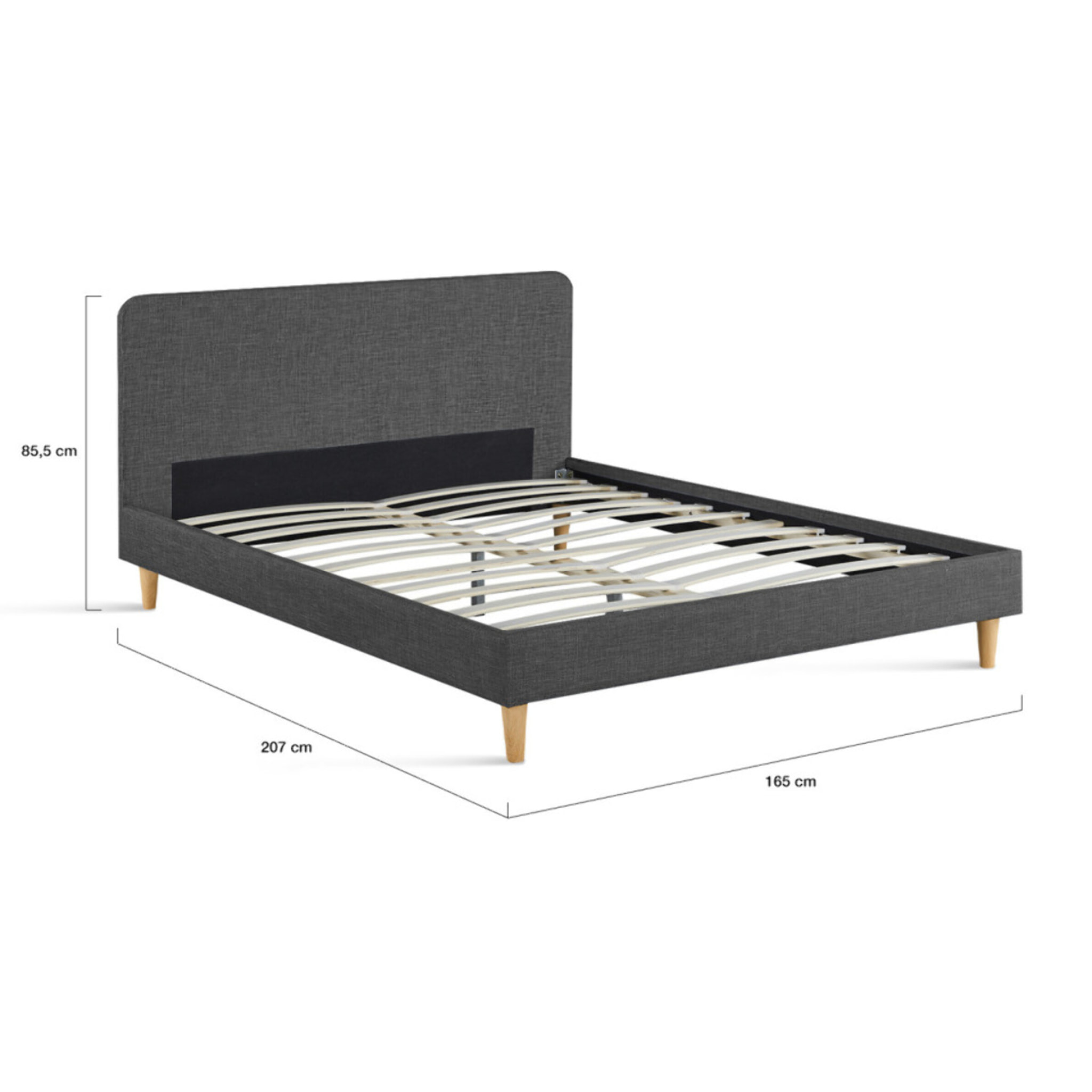 Lit Evy 160x200cm tissu gris pieds bois