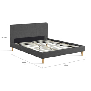 Lit Evy 160x200cm tissu gris pieds bois
