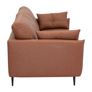 Canapé vintage 3 places cuir marron et bois foncé DAVEN