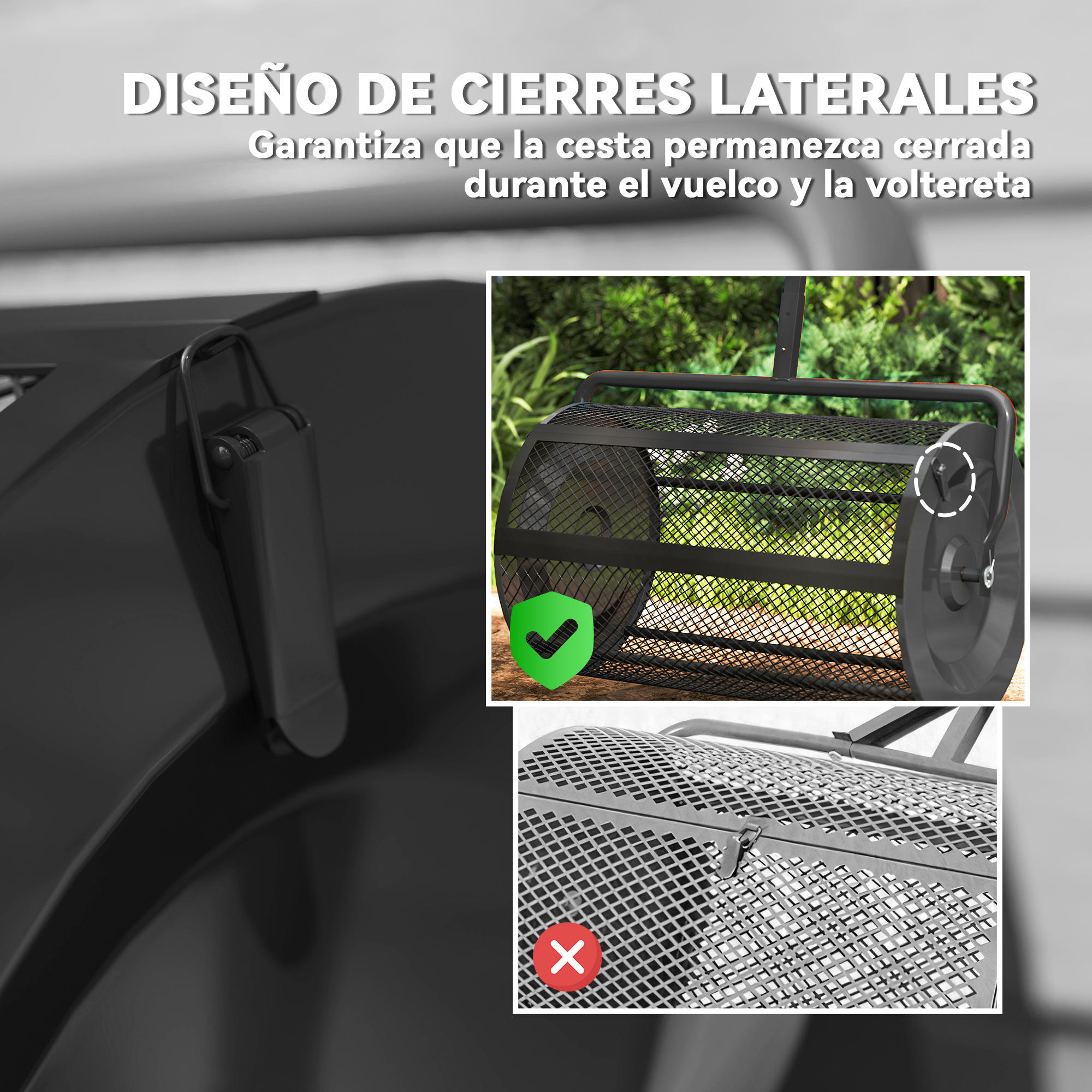 Esparcidor de Compost 300L 70x40x112 cm Esparcidor de Abono para Césped con Asa Ajustable Cesto de Malla Metálica para Cuidado de Césped Jardín Negro