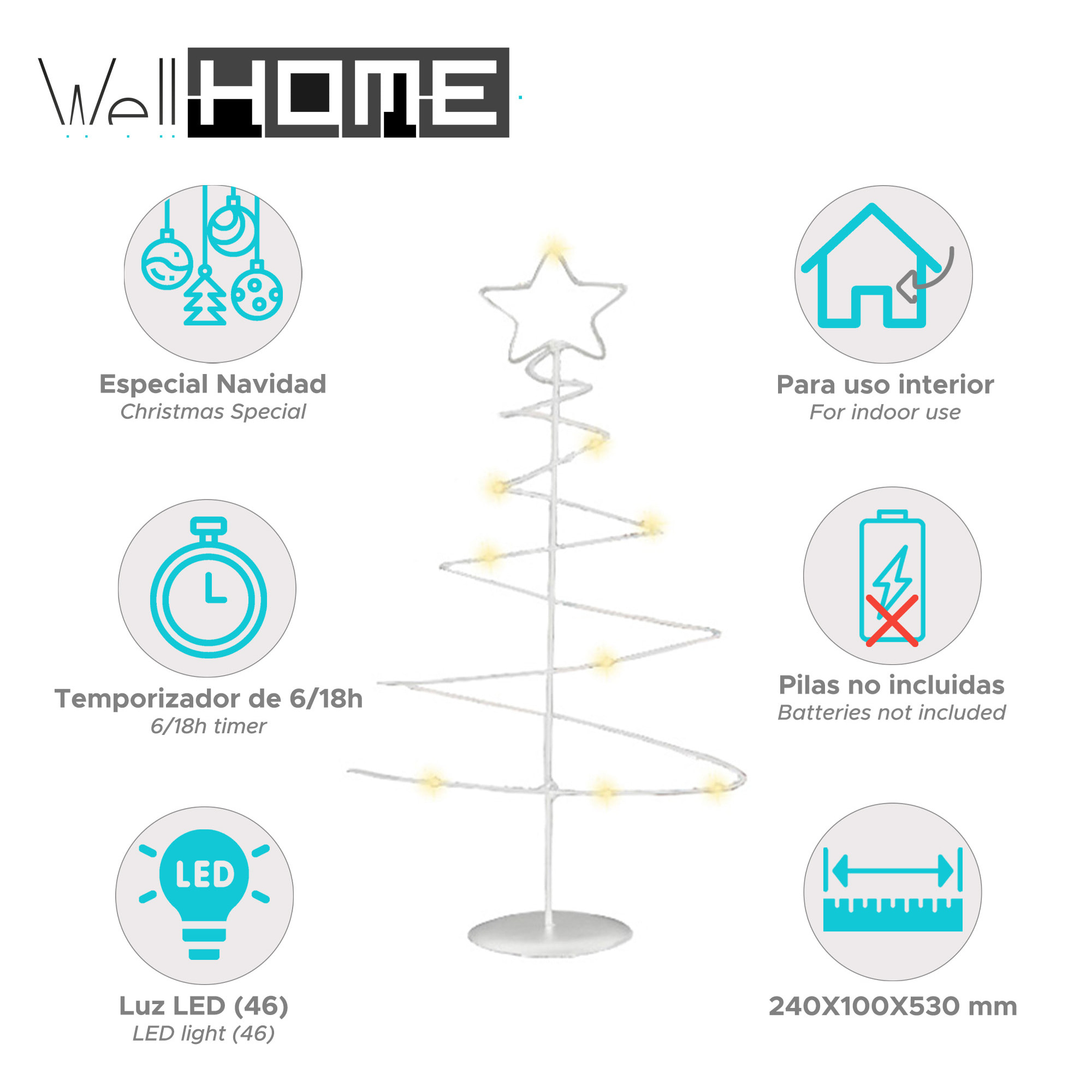 árbol navideño decorativo de metal blanco con estrella con 46 luces led y temporizador 24x10x53cm