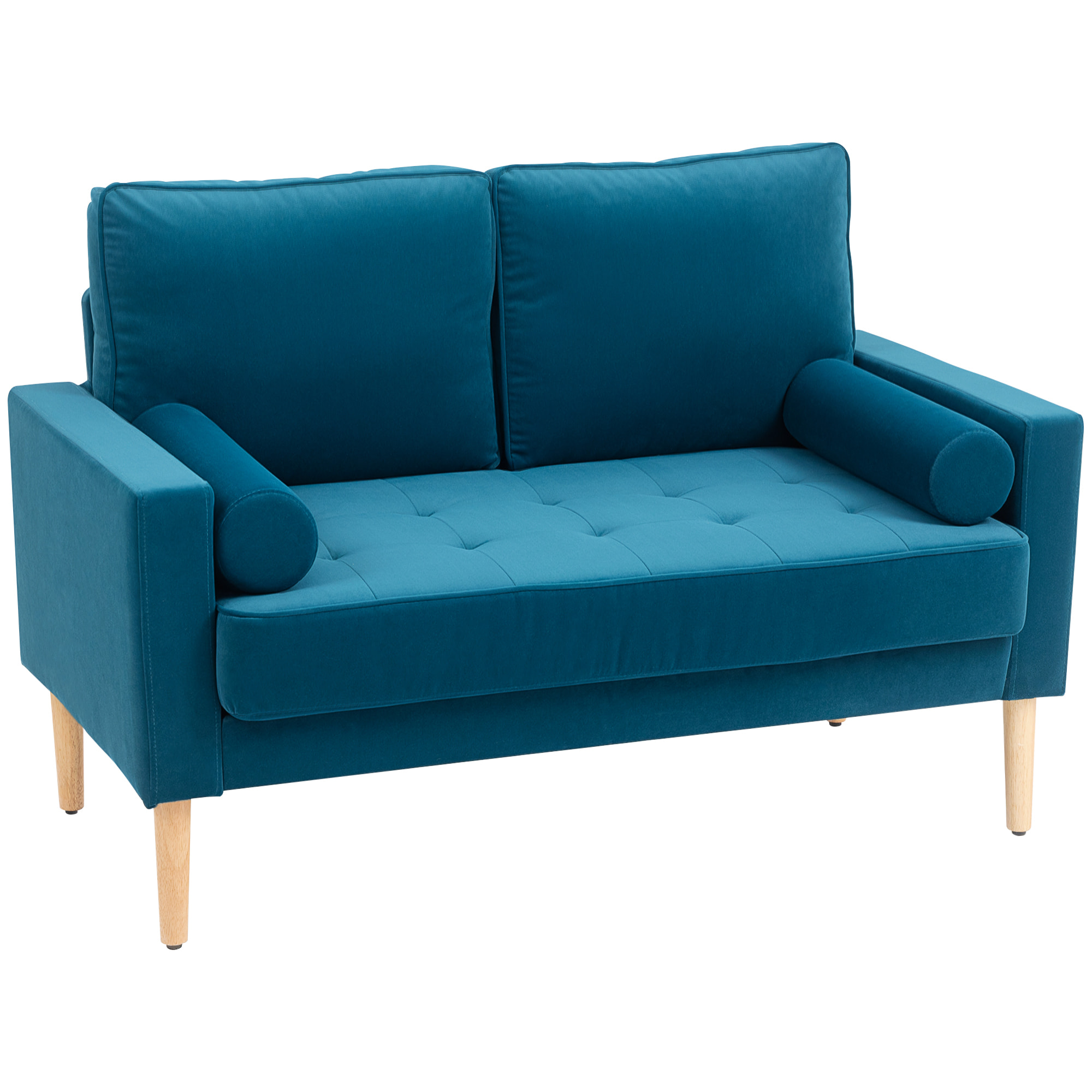 Canapé scandinave 2 places en tissu bleu canard et bois clair
