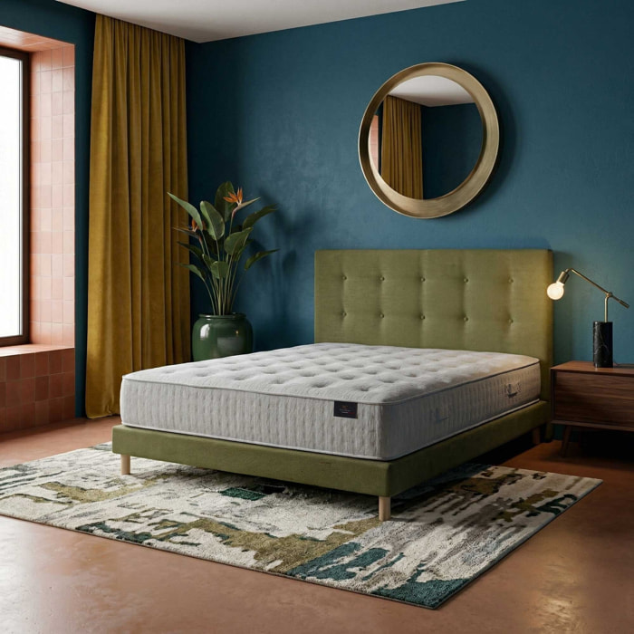Ensemble matelas ressorts ensachés ARTÉMIS 2, accueil mémoire de forme, H26 cm, sommier et tête de lit vert