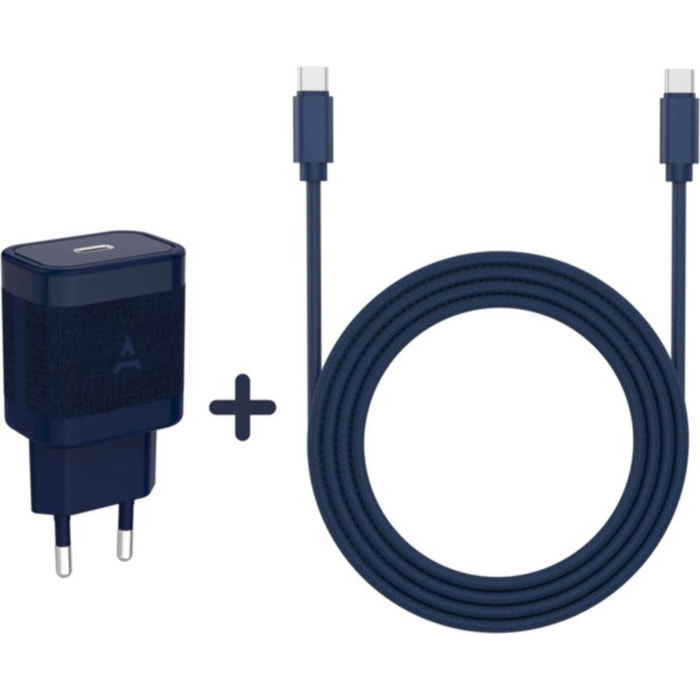 Chargeur secteur ADEQWAT Chargeur 2 USB-C 65W+Cable USB-C Bleu