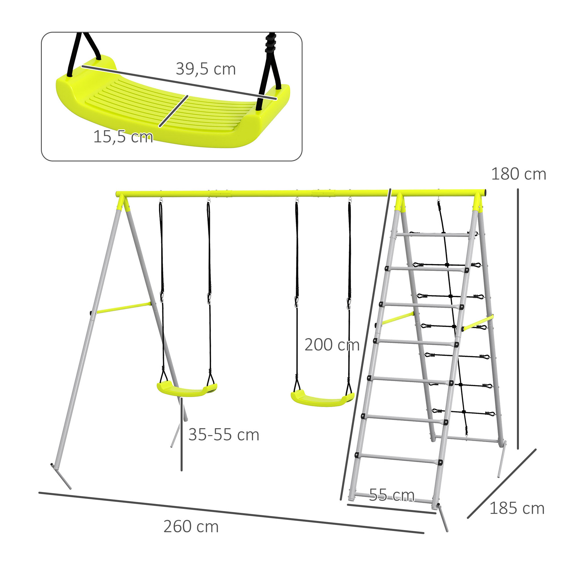 Columpio para Niños 4 en 1 Columpio Jardín Exterior con 2 Sillas Trepador Red de Escalada Cuerda Ajustable y Anti-UV Columpio Infantil Carga 180 kg 260x185x180 cm Gris y Verde