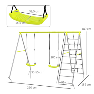 Columpio para Niños 4 en 1 Columpio Jardín Exterior con 2 Sillas Trepador Red de Escalada Cuerda Ajustable y Anti-UV Columpio Infantil Carga 180 kg 260x185x180 cm Gris y Verde