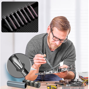 Destornillador de precisión 46 en 1 con cuerpo metálico, rosca giratoria, puntas magnéticas y carcasa de aleación de aluminio con apertura por presión.