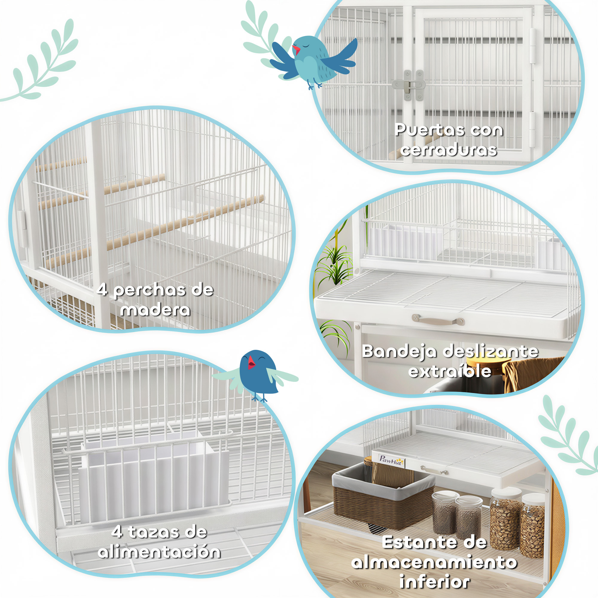 Jaula para Pájaros Grande con Divisor, Pajarera Doble con Ruedas, 4 Comederos, 4 Perchas, Estante, 2 Bandejas Extraíbles, para Periquitos, Agapornis, Canarios, 95x45,5x102 cm, Blanco