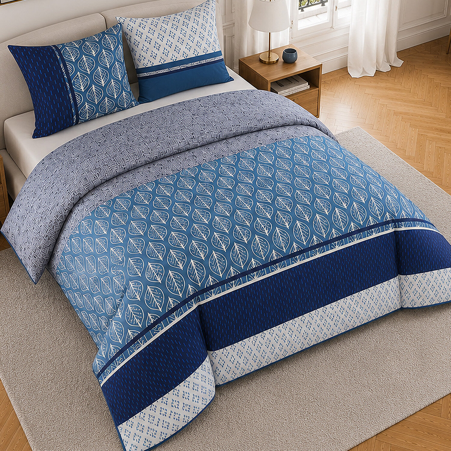 Parure housse de couette 100% percale de coton motif feuilles et graphique - TOMY