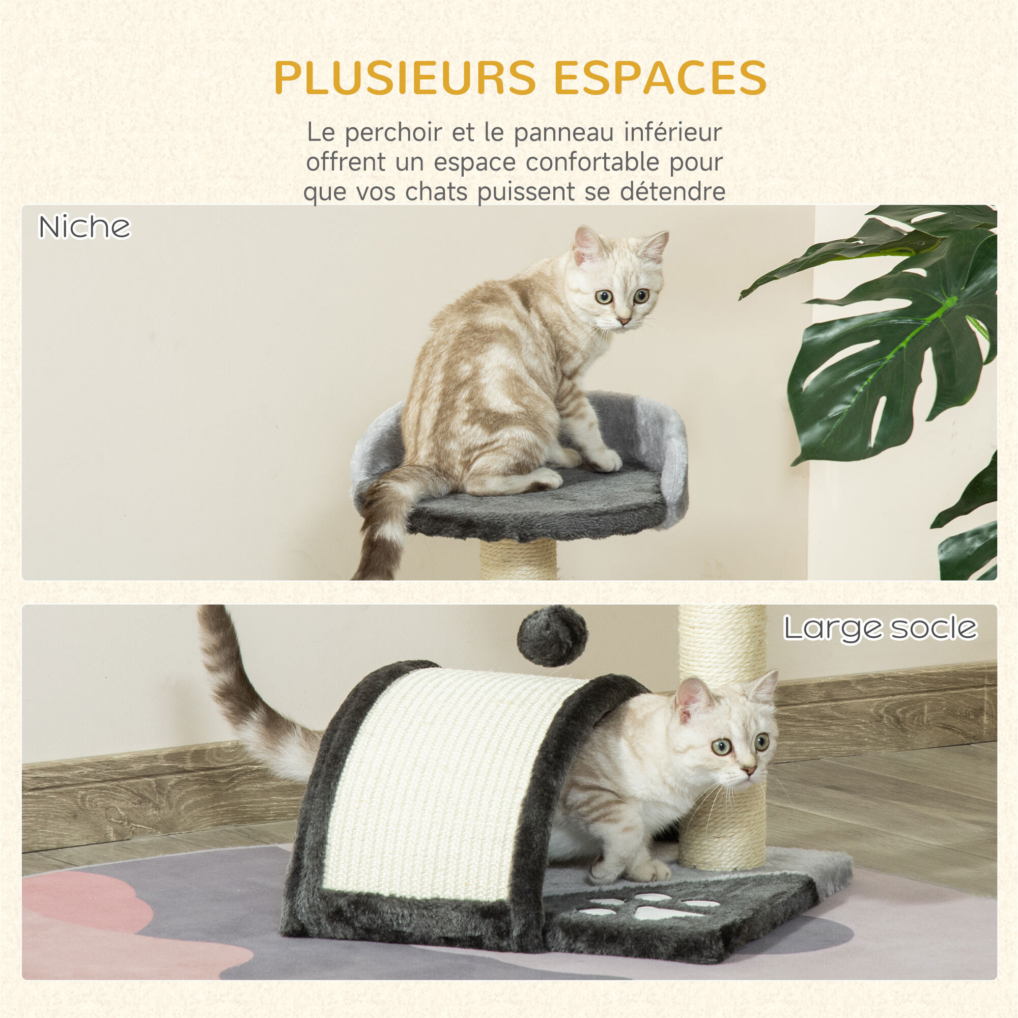 Arbre à chat griffoir grattoir design jeu boule suspendue + plateforme peluche sisal naturel gris