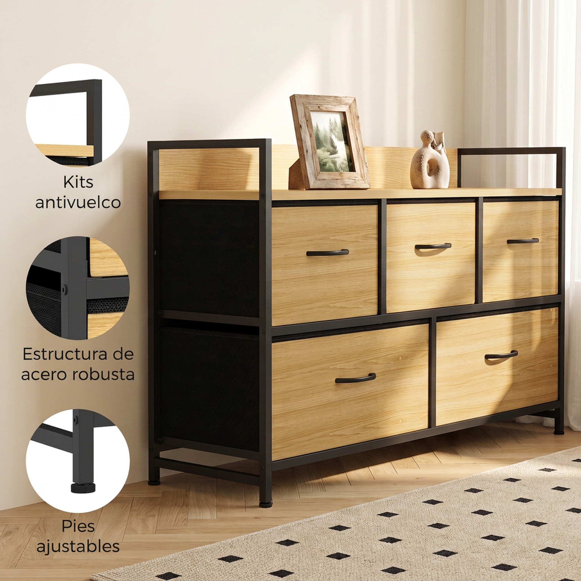 Mueble Organizador Cajonera de Tela con Cajones Plegables Estante Abierto y Marco de Acero Estilo Industrial para Salón Recibidor Dormitorio 98x29x63 cm, Roble