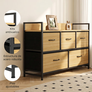 Mueble Organizador Cajonera de Tela con Cajones Plegables Estante Abierto y Marco de Acero Estilo Industrial para Salón Recibidor Dormitorio 98x29x63 cm, Roble
