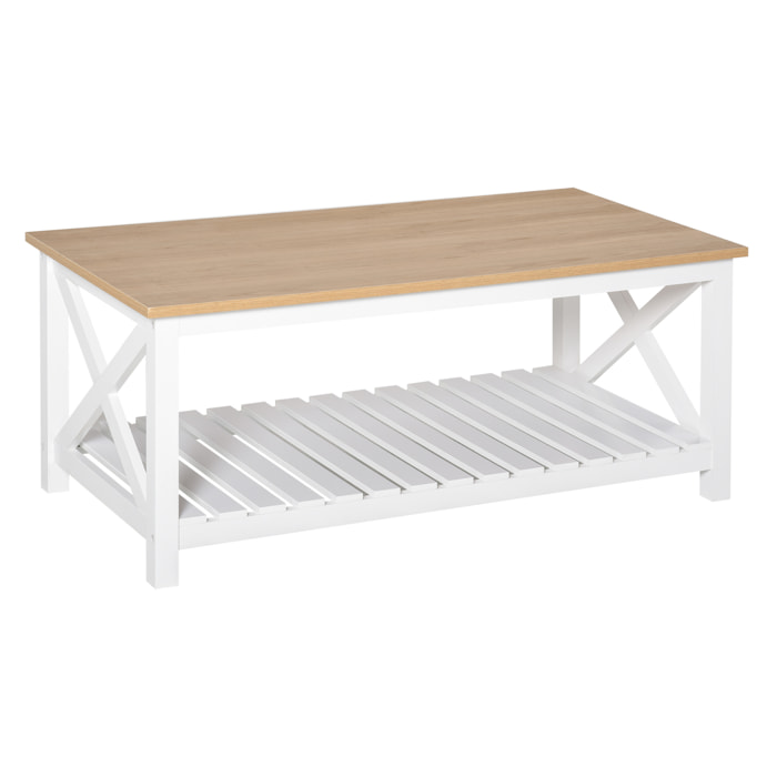 Table basse rectangulaire dim. 116L x 60l x 48H cm étagère à lattes plateau imitation chêne clair MDF blanc