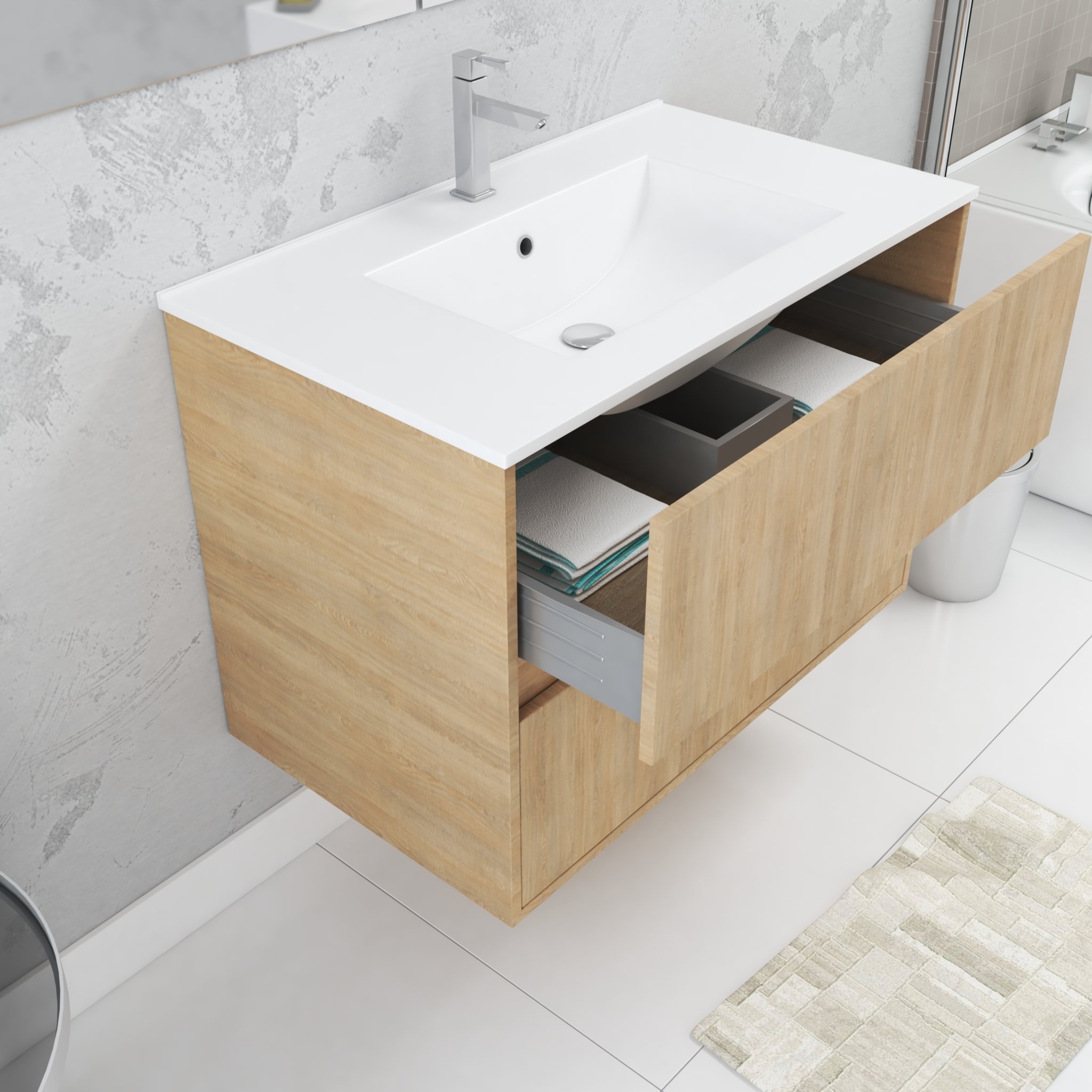 Pack Meuble Salle de Bains 80cm Chêne Clair 2 Tiroirs, Vasque, Miroir 60x80 et réglette Led - XENOS