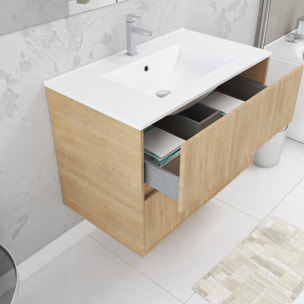 Pack Meuble Salle de Bains 80cm Chêne Clair 2 Tiroirs, Vasque, Miroir 60x80 et réglette Led - XENOS