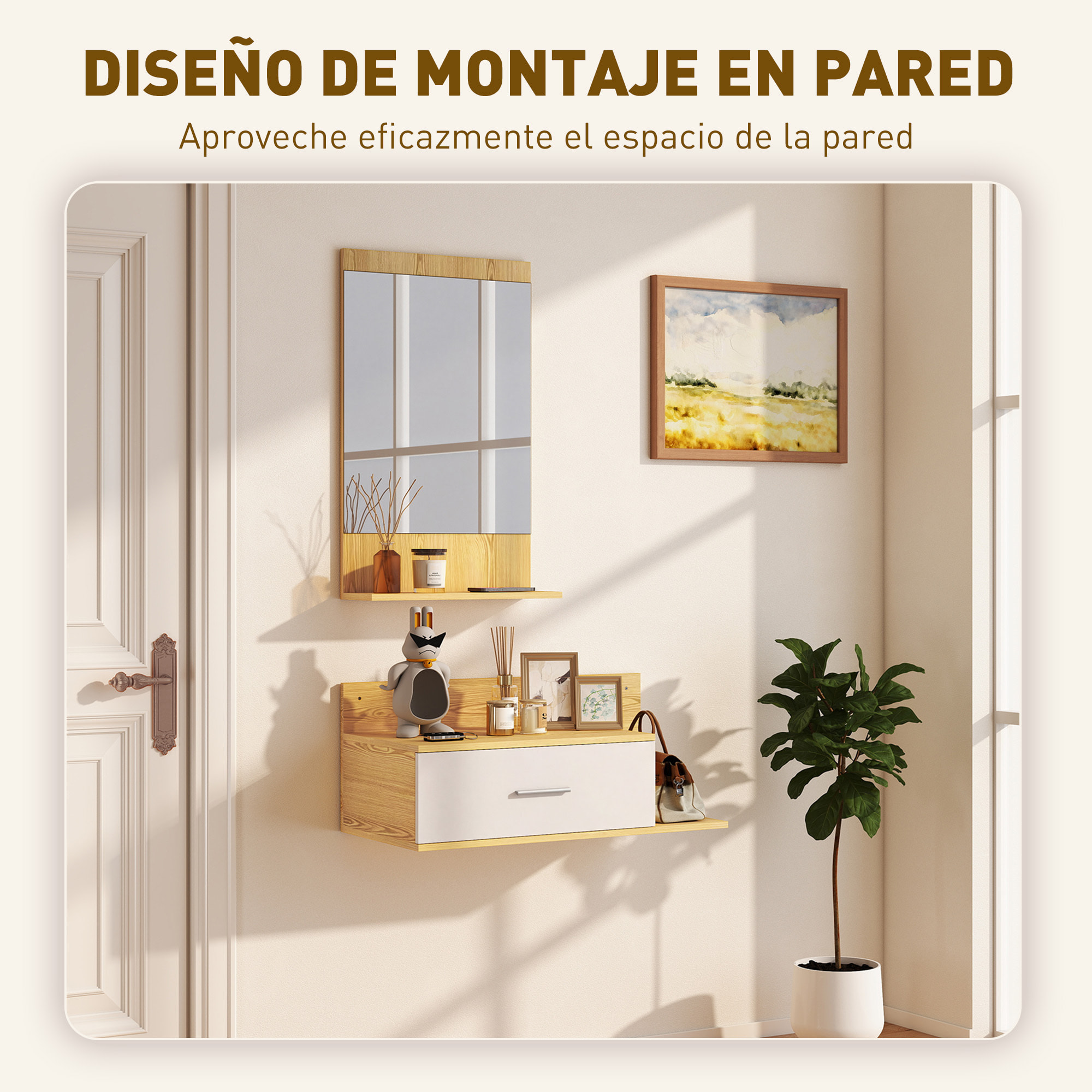 Conjunto de Recibidor de Entrada de Pared con Espejo, Cajón y 2 Estantes Abiertos, Muebles Recibidor para Pasillo, Madera Natural