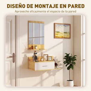 Conjunto de Recibidor de Entrada de Pared con Espejo, Cajón y 2 Estantes Abiertos, Muebles Recibidor para Pasillo, Madera Natural