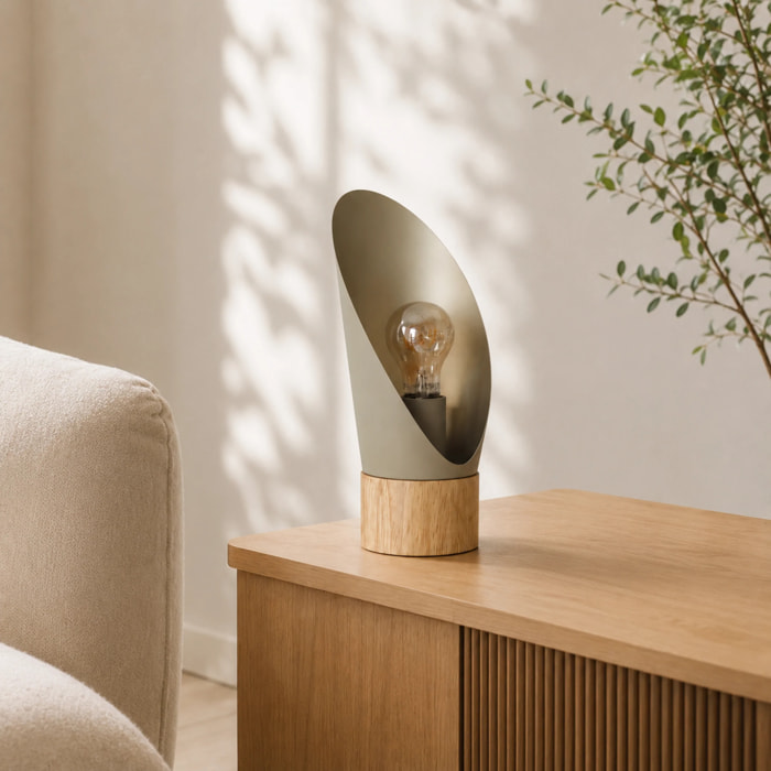 Lampe à poser en métal taupe et bois H30 cm - Spoon