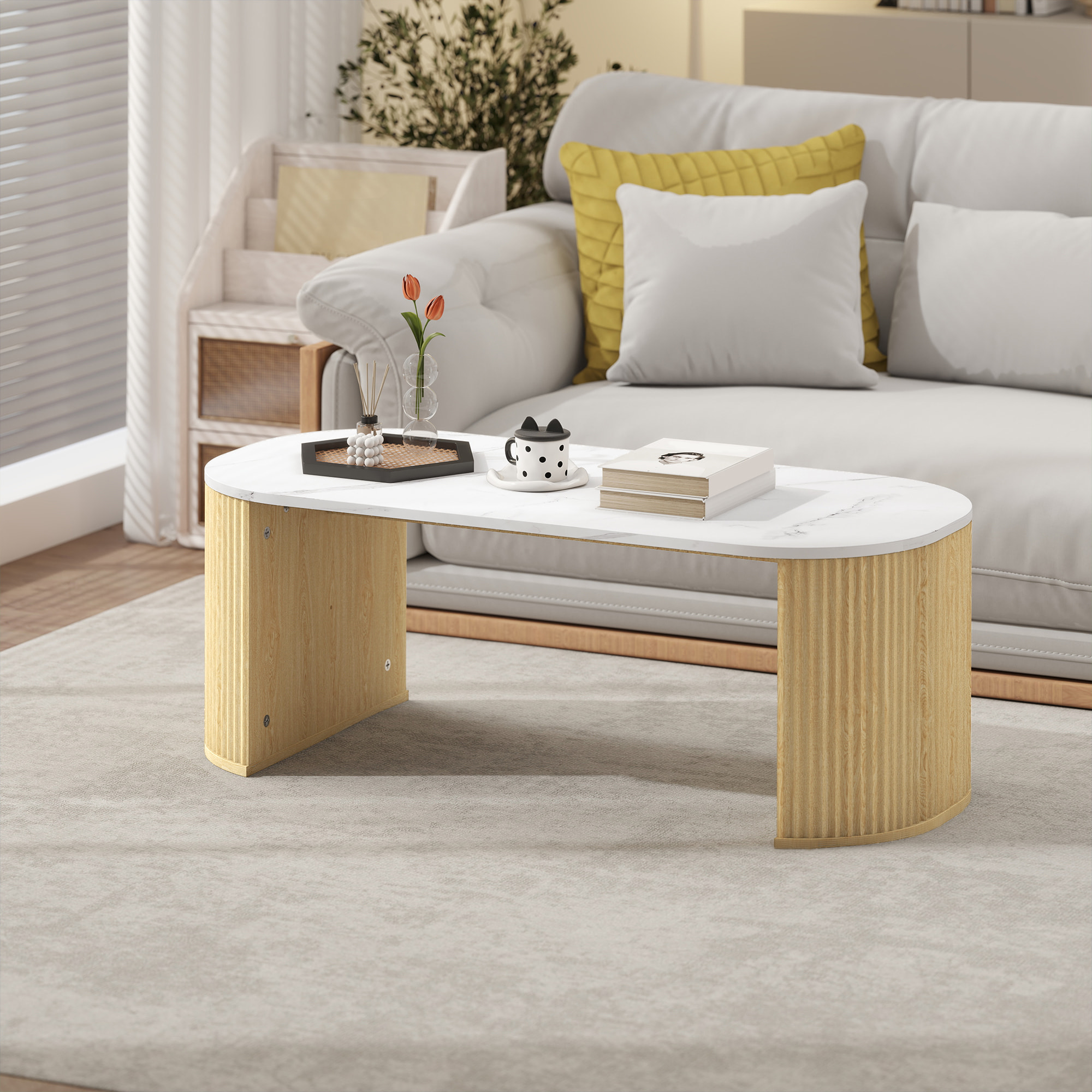 Table basse design ovale effet marbre blanc dim. 110 x 50 x 40 cm aspect bois clair