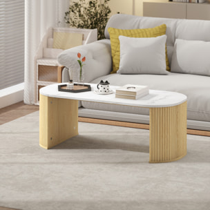 Table basse design ovale effet marbre blanc dim. 110 x 50 x 40 cm aspect bois clair