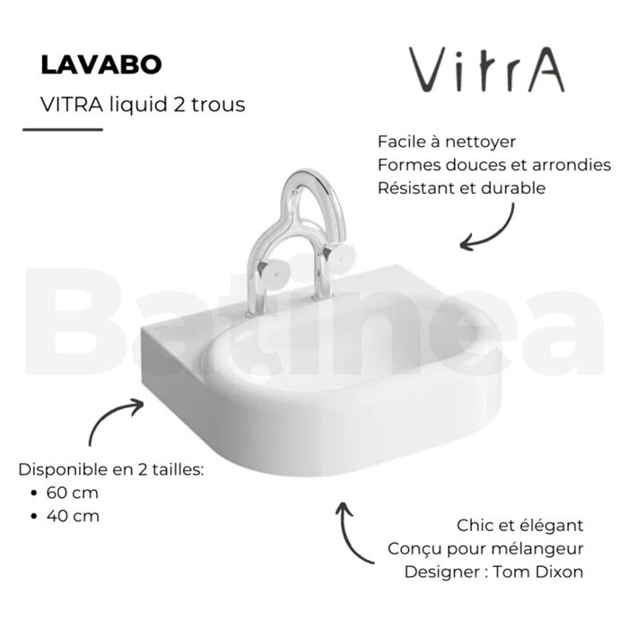 Lavabo VITRA Liquid 60 cm 2 trous avec trop-plein