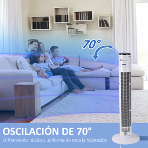 Ventilador de Torre, Ventilador de Pie Silencioso 45W con Control Remoto, 3 Velocidades, 3 Modos, Temporizador 12H, Oscilación 70°, Pantalla LED, para Hogar y Oficina, Blanco