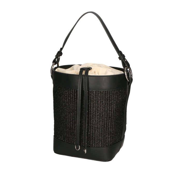 Borsa a secchiello da donna - Modello False - Misto pelle e tessuto - 24.0 x 18.0 x 15.0 cm