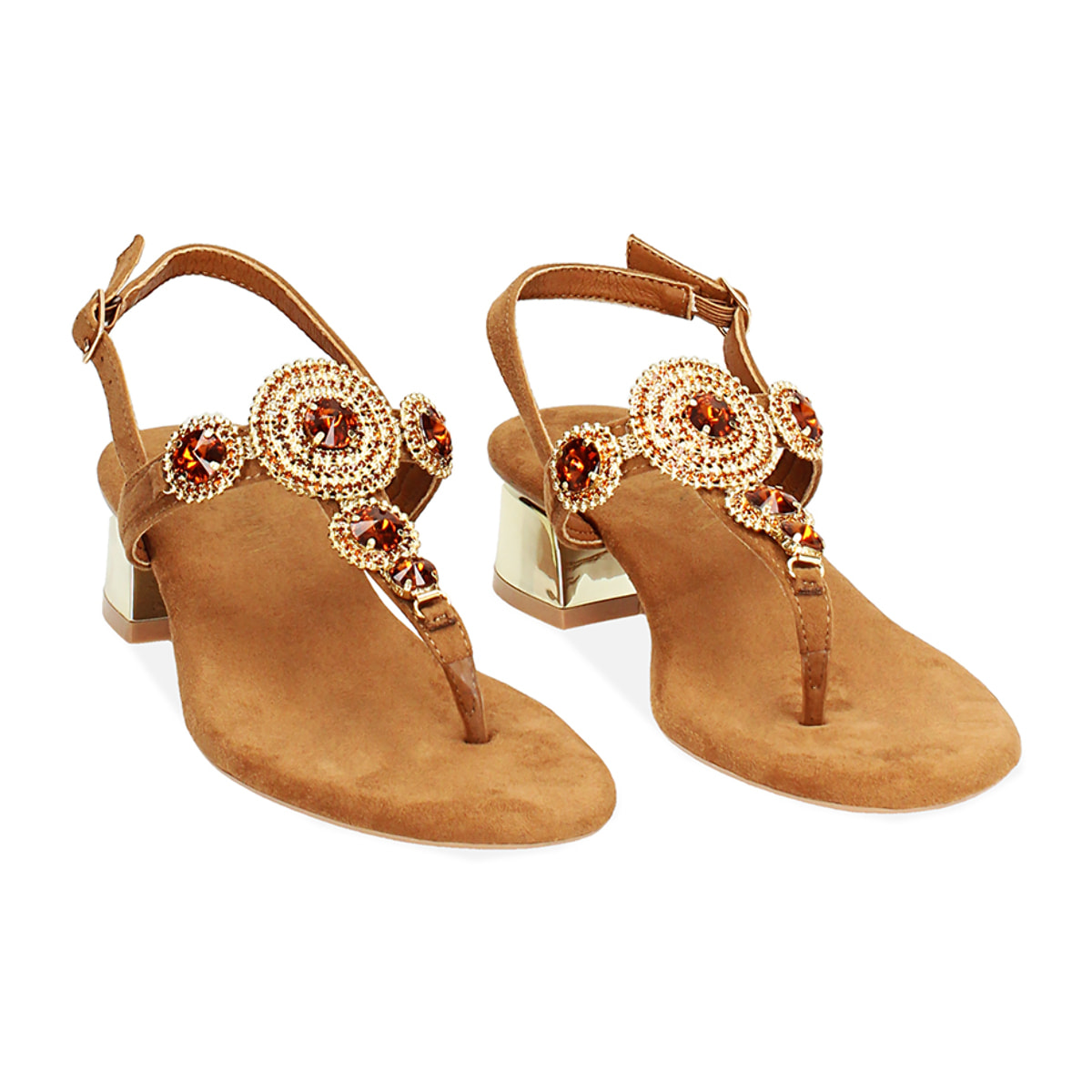 Sandalo con tacco basso donna cognac in microfibra