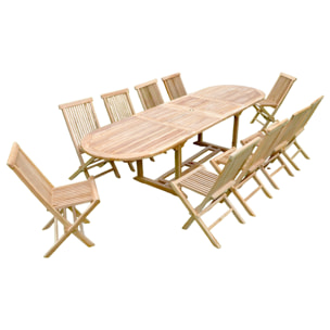 ADAGNA Salon de jardin Teck massif 10-12 personnes - Table ovale + 10 chaises