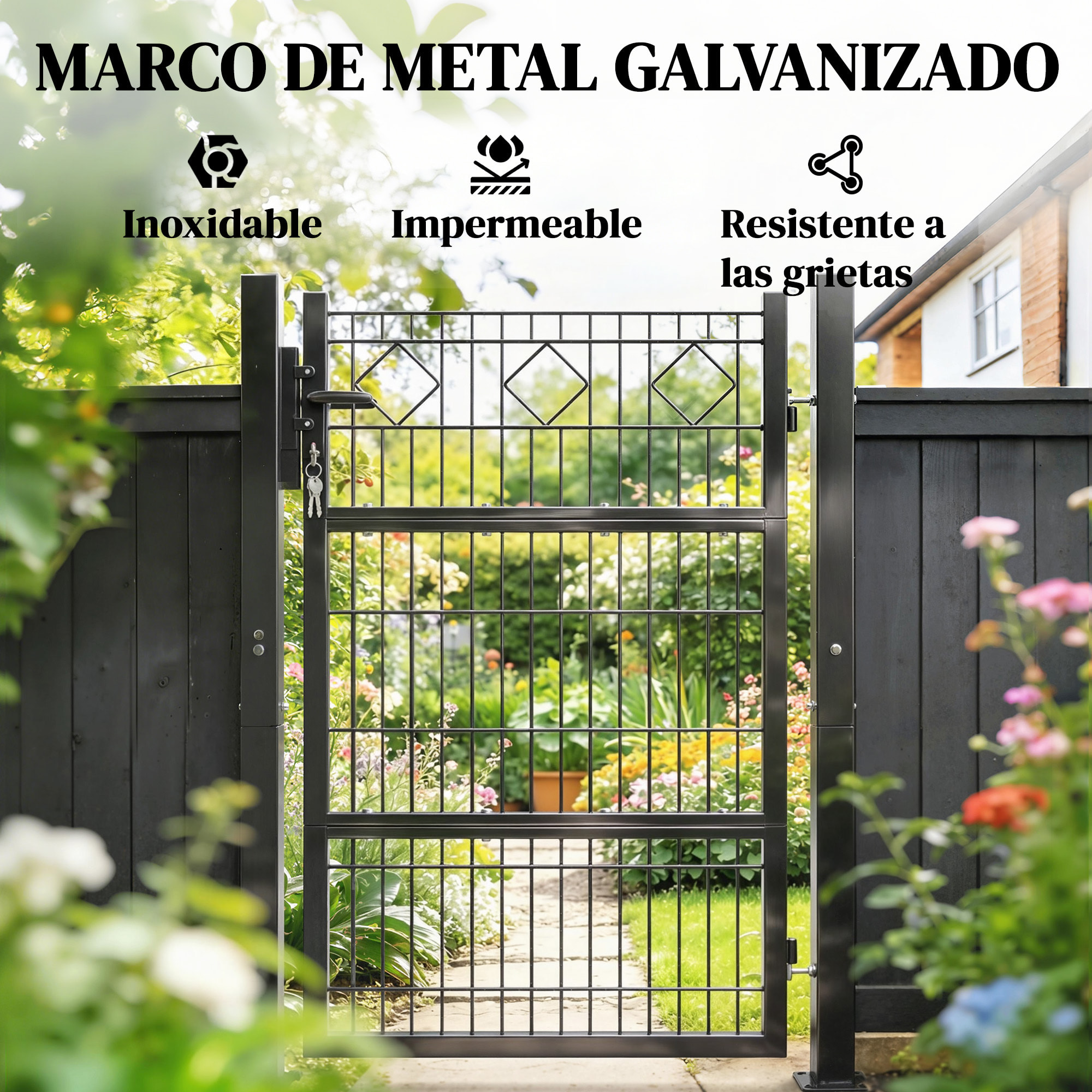 Puerta de Jardín 100x131 cm, Puerta para Valla de Barra de Metal Galvanizado con Manilla, Cerradura, 3 Llaves y 2 Postes, para Entrada de Exterior, Terraza, Patio, Gris Oscuro